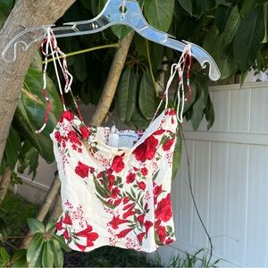 Reformation Liza Floral Corset Style Tank Top with Ties Straps & Ruched Back